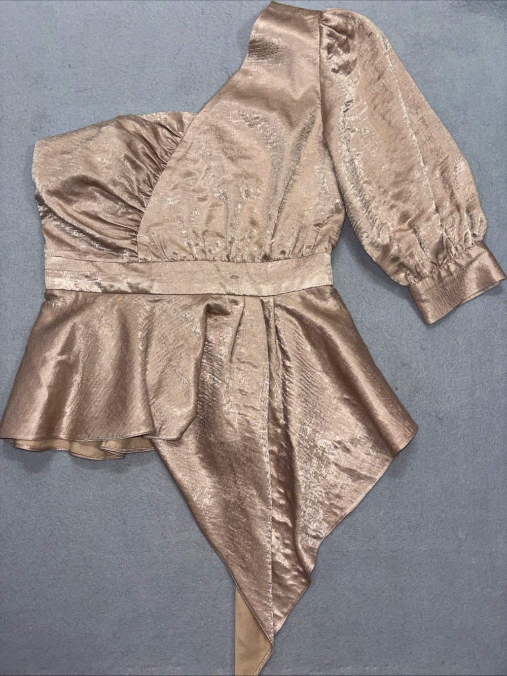 Asymmetric One-Shoulder Metalalic Satin Top in Champagne size XS
